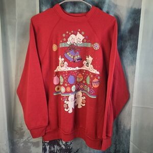Red Crewneck Sweater with Festive Kitten Graphic